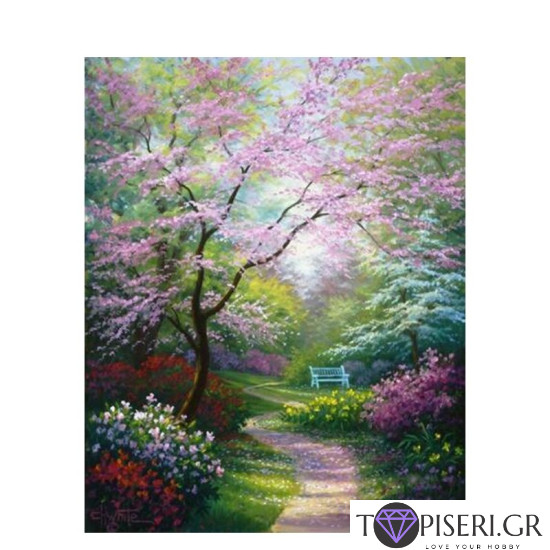 Painting By Numbers Bench And Blossoming Trees - Tapiseri.GR Painting By Numbers Bench And Blossoming Trees - Tapiseri.GR