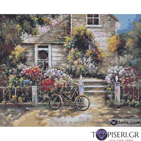 Painting By Numbers Bike In Front Of Тhe House - Tapiseri.GR