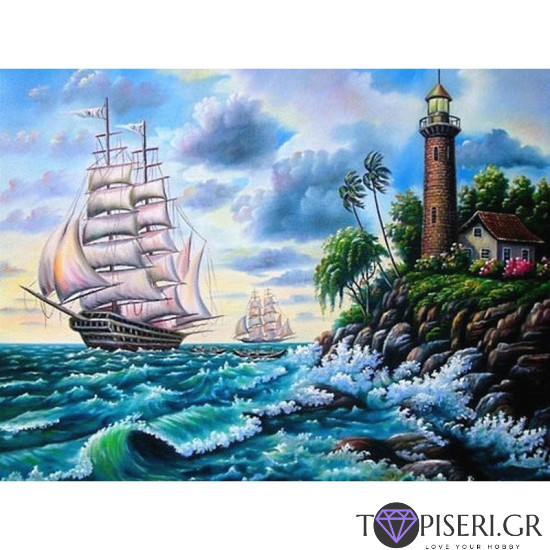 Painting By Numbers Ship Near The Light House - Tapiseri.GR