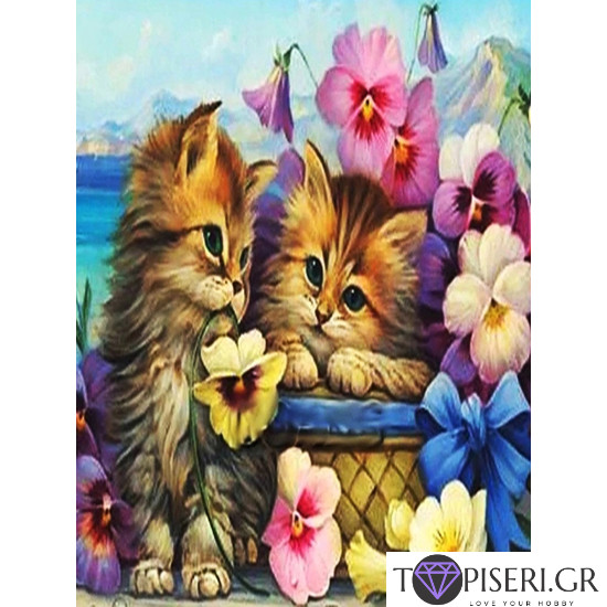 Diamond Painting Kittens In A Basket With Flowers - Tapiseri.GR