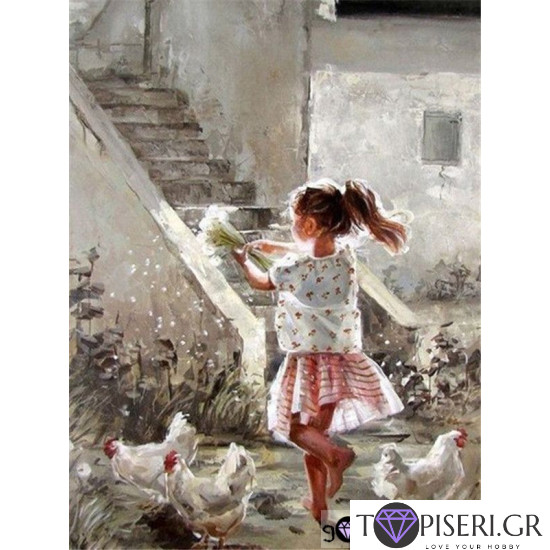 Painting By Numbers Little Girl With Chickens - Tapiseri.GR