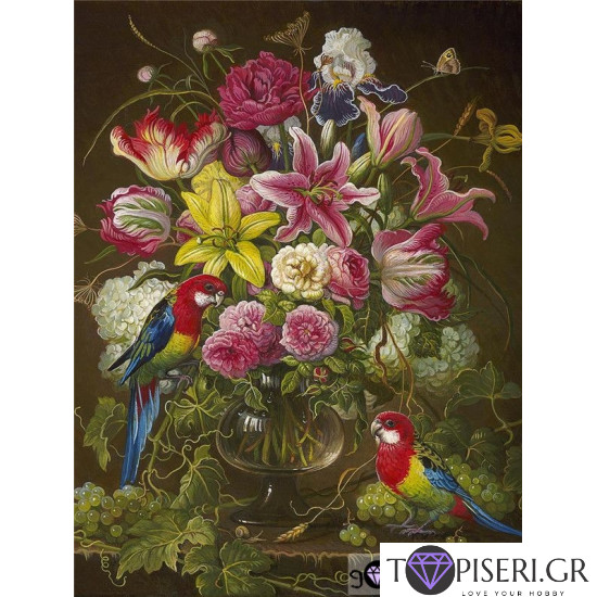 Painting By Numbers Bouquet Of Flowers And Parrots - Tapiseri.GR