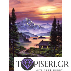 Painting By Numbers Cottage Near The Lake In The Mountain